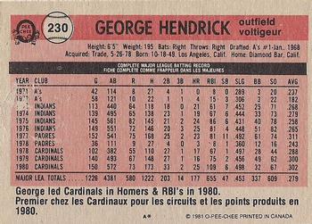 1981 O-Pee-Chee - Gray Back #230 George Hendrick Back
