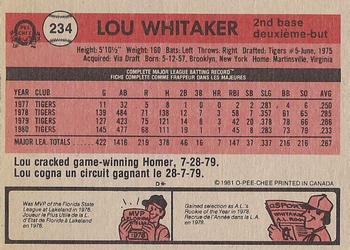 1981 O-Pee-Chee - Gray Back #234 Lou Whitaker Back
