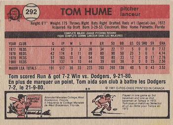1981 O-Pee-Chee - Gray Back #292 Tom Hume Back