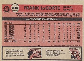 1981 O-Pee-Chee - Gray Back #348 Frank LaCorte Back