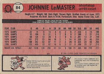 1981 O-Pee-Chee - Gray Back #84 Johnnie LeMaster Back