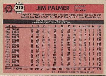 1981 O-Pee-Chee - Gray Back #210 Jim Palmer Back