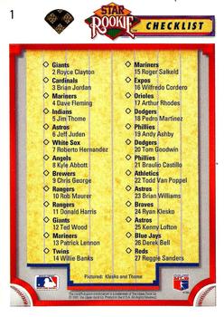 1992 Upper Deck - Gold Hologram #1 Star Rookie Checklist (Ryan Klesko / Jim Thome) Back