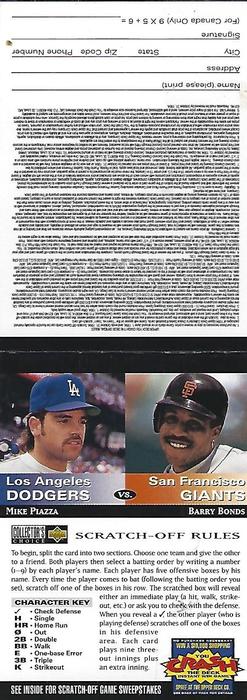 1994 Collector's Choice - You Crash the Deck Game Pieces (Team vs. Team) #NNO Mike Piazza / Barry Bonds  Front