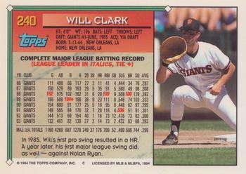 1994 Topps - Gold #240 Will Clark Back