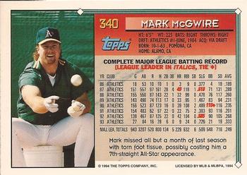 1994 Topps - Gold #340 Mark McGwire Back