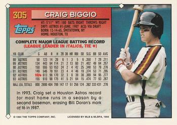 1994 Topps - Gold #305 Craig Biggio Back