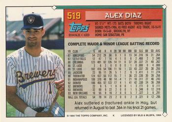 1994 Topps - Gold #519 Alex Diaz Back