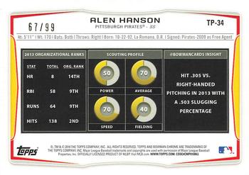 2014 Bowman Draft - Top Prospects Purple Ice #TP-34 Alen Hanson Back