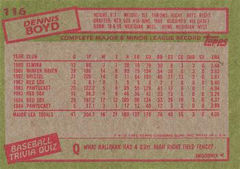 1985 Topps #116 Dennis Boyd Back