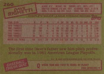 1985 Topps #260 Dave Righetti Back