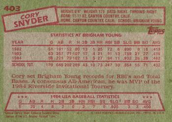 1985 Topps #403 Cory Snyder Back