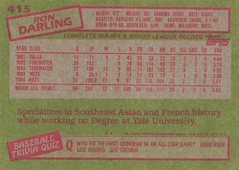 1985 Topps #415 Ron Darling Back