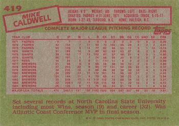 1985 Topps #419 Mike Caldwell Back