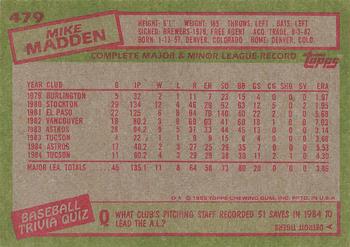1985 Topps #479 Mike Madden Back