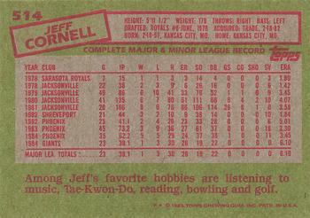 1985 Topps #514 Jeff Cornell Back