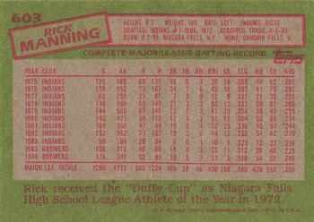 1985 Topps #603 Rick Manning Back
