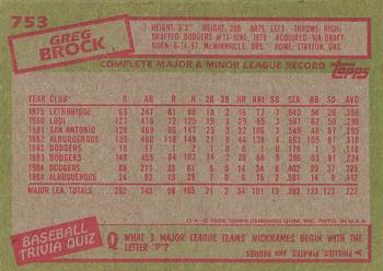 1985 Topps #753 Greg Brock Back