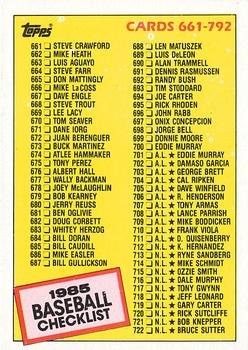 1985 Topps #784 Checklist: 661-792 Front