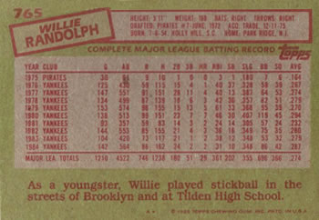 1985 Topps #765 Willie Randolph Back