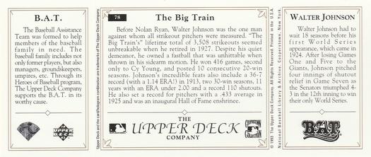 1993 Upper Deck All-Time Heroes #78 Walter Johnson Back