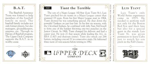1993 Upper Deck All-Time Heroes #122 Luis Tiant Back
