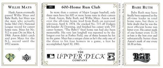 1993 Upper Deck All-Time Heroes #151 Babe Ruth / Willie Mays / Hank Aaron Back