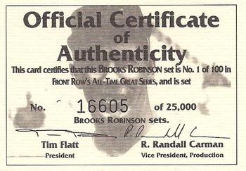 1992 Front Row All-Time Greats Brooks Robinson #NNO Certificate of Authenticity Front
