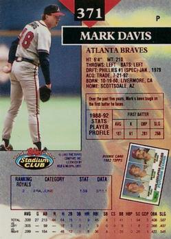 1993 Stadium Club - First Day Production #371 Mark Davis Back