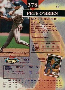 1993 Stadium Club - First Day Production #378 Pete O'Brien Back