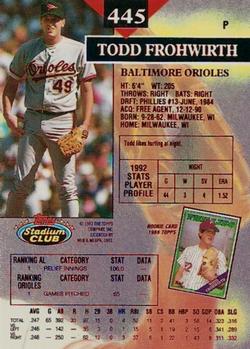 1993 Stadium Club - First Day Production #445 Todd Frohwirth Back