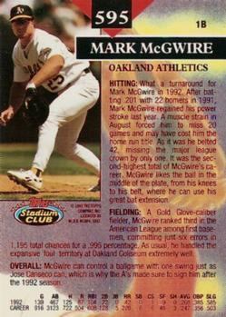 1993 Stadium Club - First Day Production #595 Mark McGwire Back