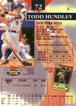 1993 Stadium Club - First Day Production #72 Todd Hundley Back