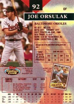 1993 Stadium Club - First Day Production #92 Joe Orsulak Back