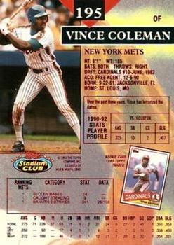 1993 Stadium Club - Members Only #195 Vince Coleman Back