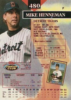 1993 Stadium Club - Members Only #480 Mike Henneman Back