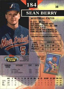 1993 Stadium Club - Members Only #184 Sean Berry Back
