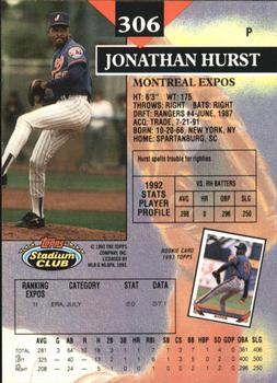 1993 Stadium Club - Members Only #306 Jonathan Hurst Back