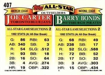 1993 Topps - Gold #407 Barry Bonds / Joe Carter Back