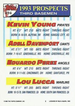 1993 Topps - Gold #494 Kevin Young / Adell Davenport / Eduardo Perez / Lou Lucca Back