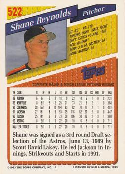 1993 Topps - Gold #522 Shane Reynolds Back