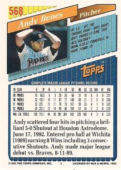 1993 Topps - Gold #568 Andy Benes Back