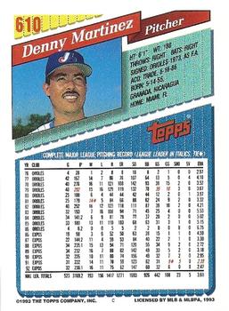 1993 Topps - Gold #610 Denny Martinez Back