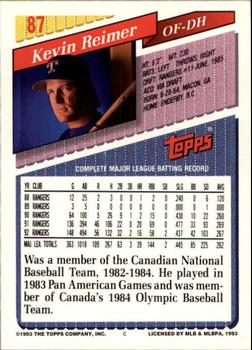 1993 Topps - Inaugural Marlins #87 Kevin Reimer Back