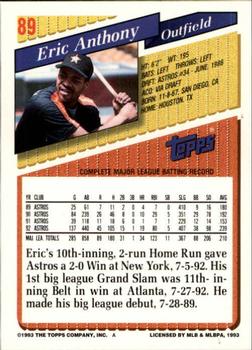 1993 Topps - Inaugural Marlins #89 Eric Anthony Back