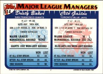1993 Topps - Inaugural Marlins #514 Cito Gaston / Dusty Baker Back
