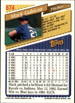 1993 Topps - Inaugural Marlins #674 Mark Gubicza Back