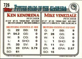 1993 Topps - Inaugural Marlins #726 Mike Veneziale / Ken Kendrena Back