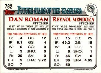 1993 Topps - Inaugural Marlins #782 Reynol Mendoza / Dan Roman Back