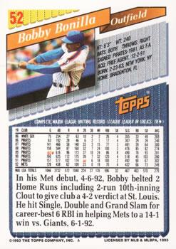 1993 Topps - Inaugural Marlins #52 Bobby Bonilla Back